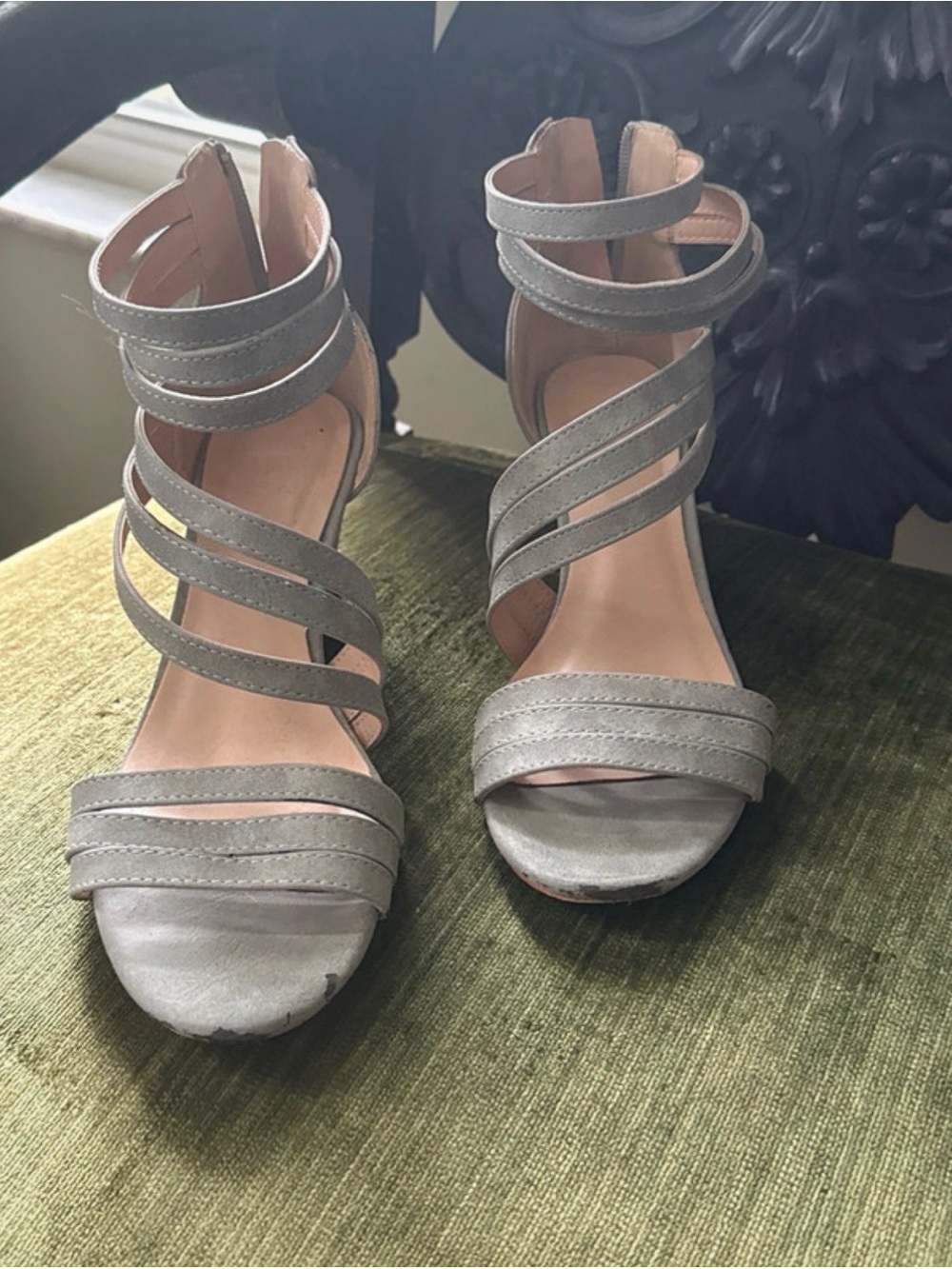 Strappy Gray Women’s Wedge Sandals with Ankle Wrap